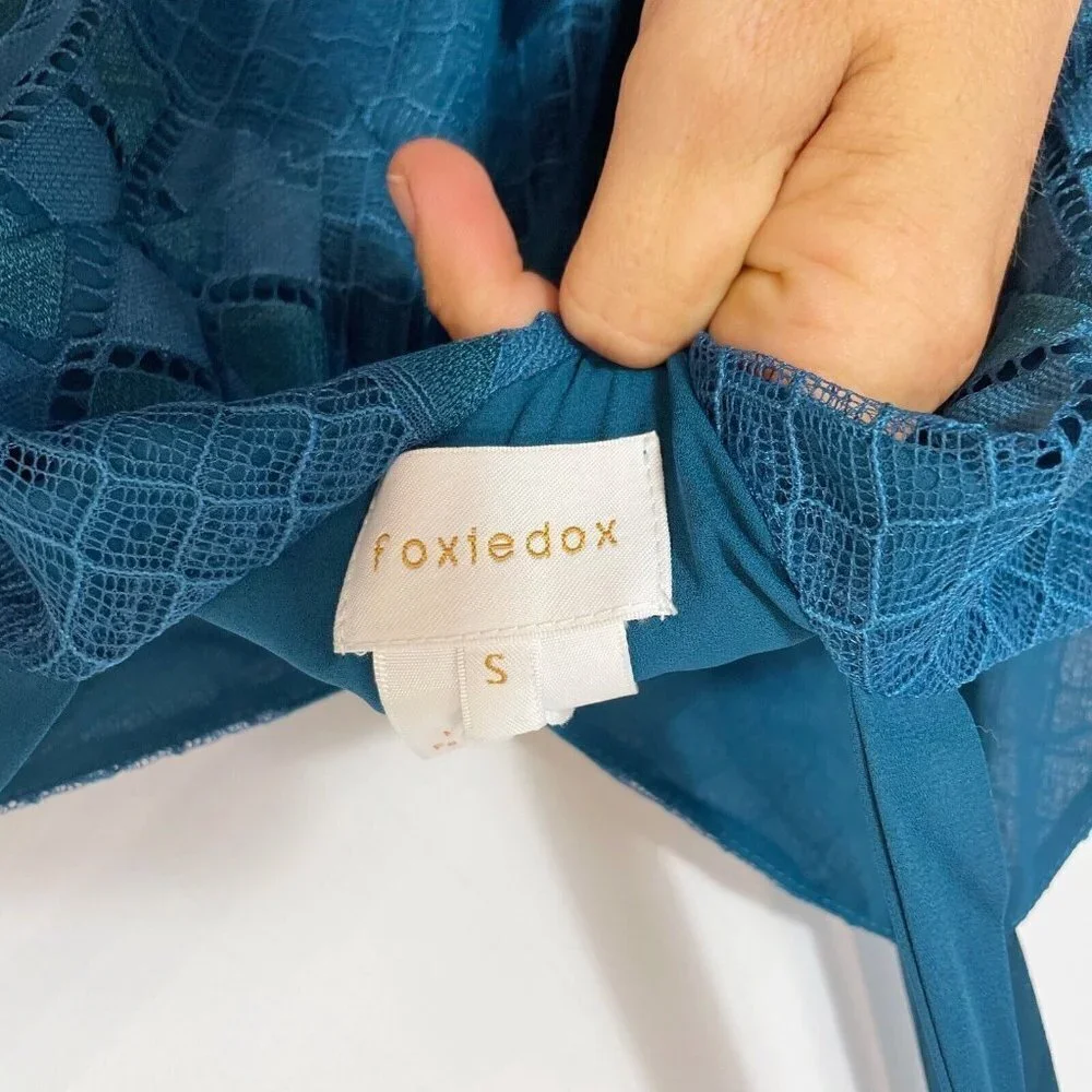 Foxiedox Womens Lace Ruffle Sleeveless Cocktail Dress Teal Blue S High Low‎ NWT